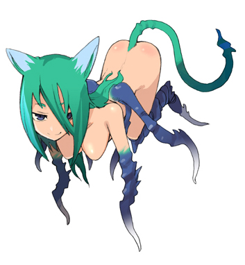 all_fours animal_ears aqua_hair ass breasts cat_ears copyright_request hair_over_one_eye insect_girl long_hair lowres medium_breasts monster_girl multiple_legs nanashin no_nipples nude smile solo spider_girl tail