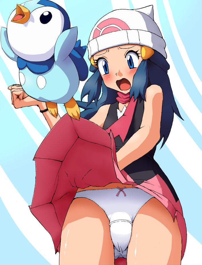 assisted_exposure beanie blue_eyes blue_hair blush bow bow_panties embarrassed fat_mons from_below gen_4_pokemon hat hikari_(pokemon) majin_(marcia) panties pantyshot piplup pokemon pokemon_(creature) skirt underwear upskirt white_panties wind wind_lift