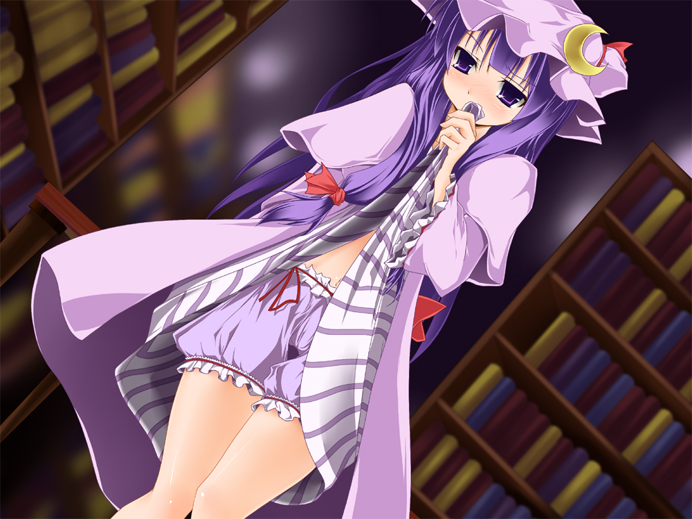 bloomers blush crescent dress dress_lift dutch_angle embarrassed hat jum_(parallel_parasol) library long_hair looking_away navel patchouli_knowledge purple_eyes purple_hair ribbon solo thighs touhou underwear voile