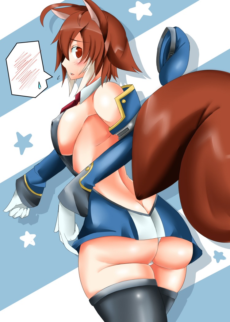 animal_ears ass beret blazblue blush brown_hair butt_crack cosplay daddy_pomgi hat makoto_nanaya noel_vermillion noel_vermillion_(cosplay) red_eyes revealing_clothes solo spoken_blush squirrel_ears squirrel_tail sweatdrop tail thighhighs