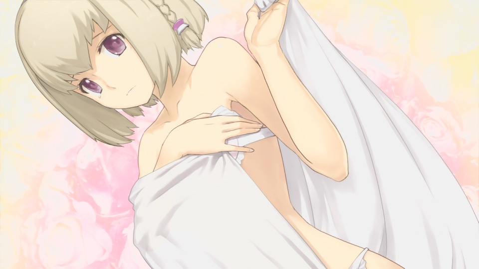:/ ar_tonelico ar_tonelico_iii bare_shoulders bed_sheet blonde_hair bra braid closed_mouth collarbone dutch_angle floral_background frilled_bra frilled_panties frills frown game_cg holding nagi_ryou panties purple_eyes saki_(ar_tonelico) short_hair solo tears towel underwear underwear_only white_bra white_panties