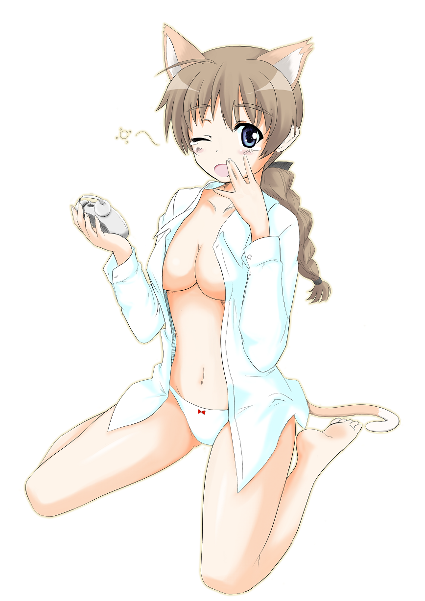 alarm_clock barefoot blue_eyes bow bow_panties braid breasts brown_hair cleavage clock dress_shirt highres large_breasts long_hair lynette_bishop navel no_bra one_eye_closed open_clothes open_shirt panties red_liquid_(artist) shirt simple_background single_braid sitting sleepy solo strike_witches tears underwear wariza white_background world_witches_series yawning