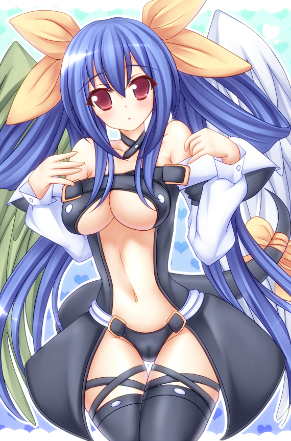 asymmetrical_wings bad_id bad_pixiv_id blue_hair blush breasts cleavage dizzy guilty_gear large_breasts long_hair mikan_(5555) red_eyes ribbon solo tail tail_ribbon thighhighs wings