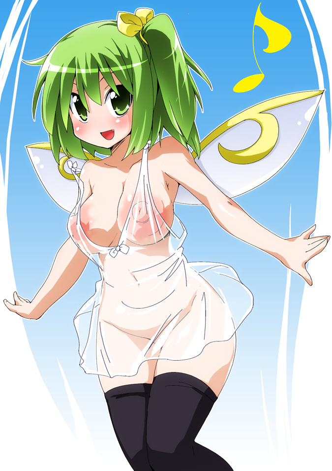 apron areolae black_legwear breasts cleavage daiyousei huge_nipples large_areolae large_breasts naked_apron nipples puffy_nipples see-through semahiro solo thighhighs touhou wings