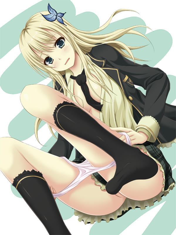 blonde_hair blue_eyes boku_wa_tomodachi_ga_sukunai breasts bug butterfly cleavage dressing hair_ornament insect kashiwazaki_sena large_breasts long_hair necktie panties panty_pull plaid plaid_skirt pleated_skirt school_uniform shake_(ferit3) skirt socks solo st._chronica_academy_uniform underwear