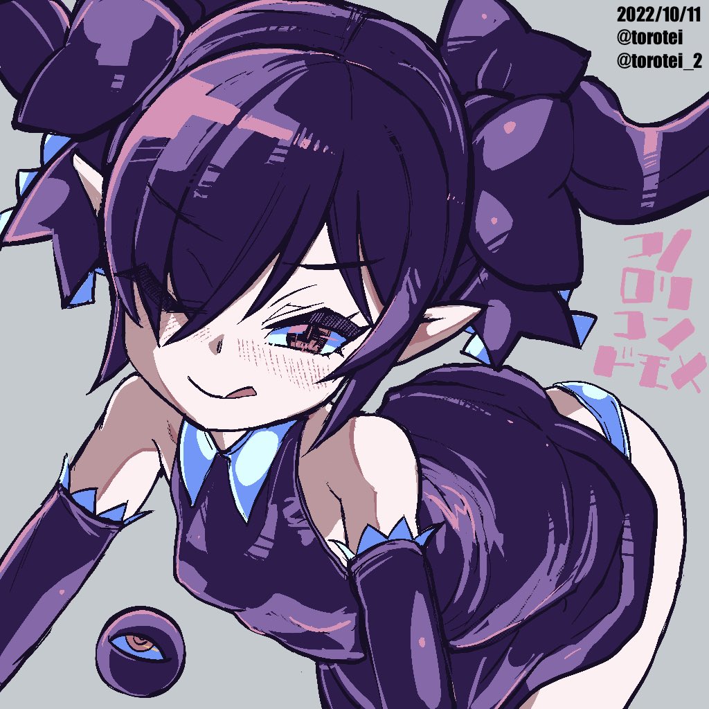 1girl ;q artist_name backbeard beako bent_over black_dress black_gloves black_hair black_ribbon blush breasts dated dress elbow_gloves eyes_visible_through_hair gegege_no_kitarou gloves hair_over_one_eye hair_ribbon kono_lolicon_domome long_hair looking_at_viewer one_eye_closed original panties pointy_ears red_eyes ribbon simple_background sleeveless sleeveless_dress small_breasts smile solo tongue tongue_out torotei twintails twitter_username underwear white_panties