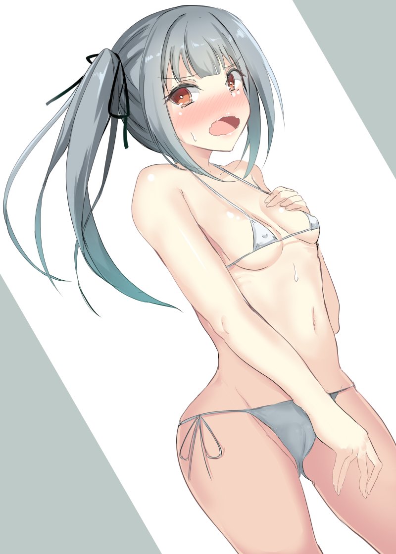 1girl alternate_costume bikini breasts brown_eyes cameltoe cleft_of_venus covered_nipples gin'ichi_(akacia) grey_hair hair_ribbon hands_on_own_breasts kantai_collection kasumi_(kancolle) looking_at_viewer micro_bikini navel open_mouth ribbon side_ponytail small_breasts solo stomach string_bikini sweat swimsuit venus white_bikini