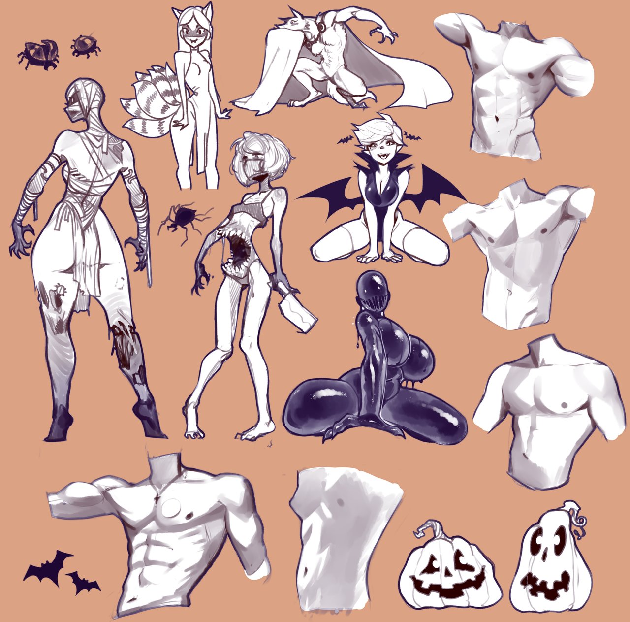 2022 anthro biped breasts canid canine clothed clothing female food fruit goo_creature goo_humanoid halloween hi_res holidays human humanoid jack-o'-lantern male mammal marmalademum monstrous_humanoid mummy plant pumpkin sharp_teeth solo stomach_mouth teeth undead