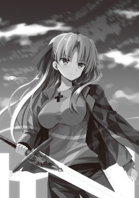 1girl bangs breasts campione! closed_mouth cowboy_shot earrings erica_blandelli floating_hair greyscale hair_ribbon holding holding_sword holding_weapon jacket jacket_on_shoulders jewelry long_hair medium_breasts monochrome outdoors pants ribbon sham_(vwac8385) smile solo standing sword very_long_hair weapon