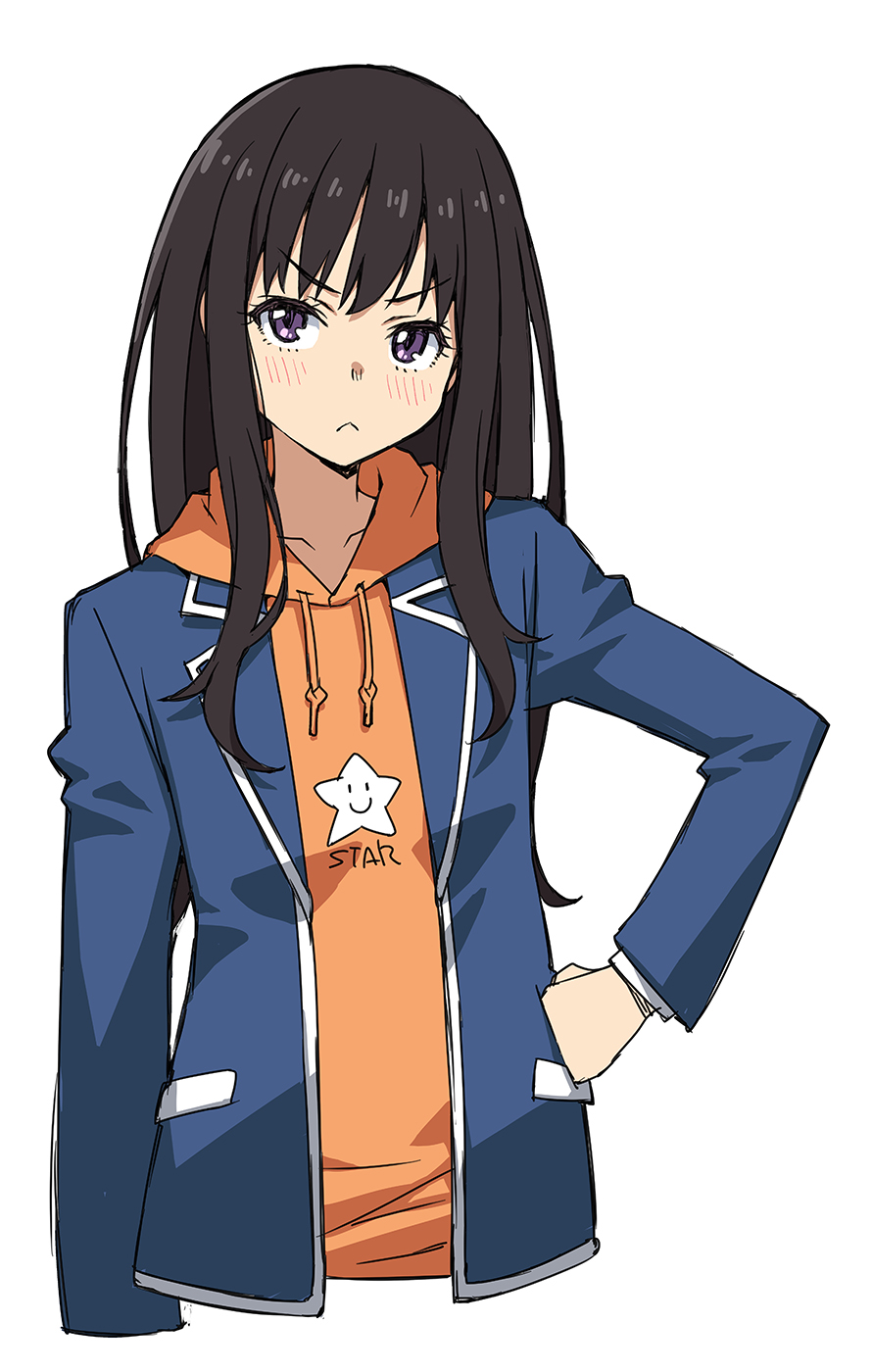 1girl :&lt; bangs black_hair blazer blue_jacket blush cosplay cropped_torso drawstring hand_on_hip highres hood hoodie inoue_takina jacket kono_bijutsubu_niwa_mondai_ga_aru! long_hair long_sleeves looking_to_the_side lycoris_recoil open_clothes open_jacket orange_hoodie purple_eyes school_uniform simple_background solo star_(symbol) tamori_tadaji uchimaki_subaru uchimaki_subaru_(cosplay) upper_body white_background