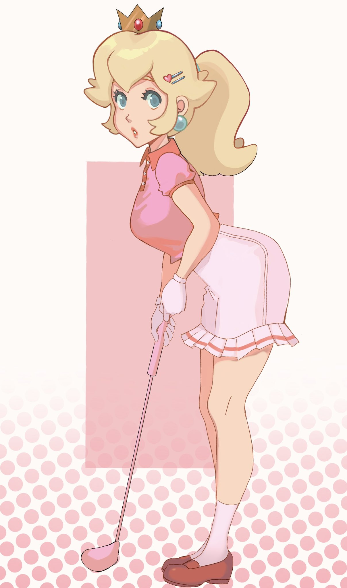 1girl bangs blonde_hair breasts brown_footwear crown earrings full_body gloves golf golf_club green_eyes hair_ornament hairclip heart heart_hair_ornament highres jewelry leaning_forward loafers long_hair looking_at_viewer mario_(series) medium_breasts mini_crown parted_lips pink_background pink_shirt pink_skirt ponytail princess_peach puffy_short_sleeves puffy_sleeves shirt shoes short_sleeves sidelocks skirt socks softp3ach solo standing white_gloves white_socks
