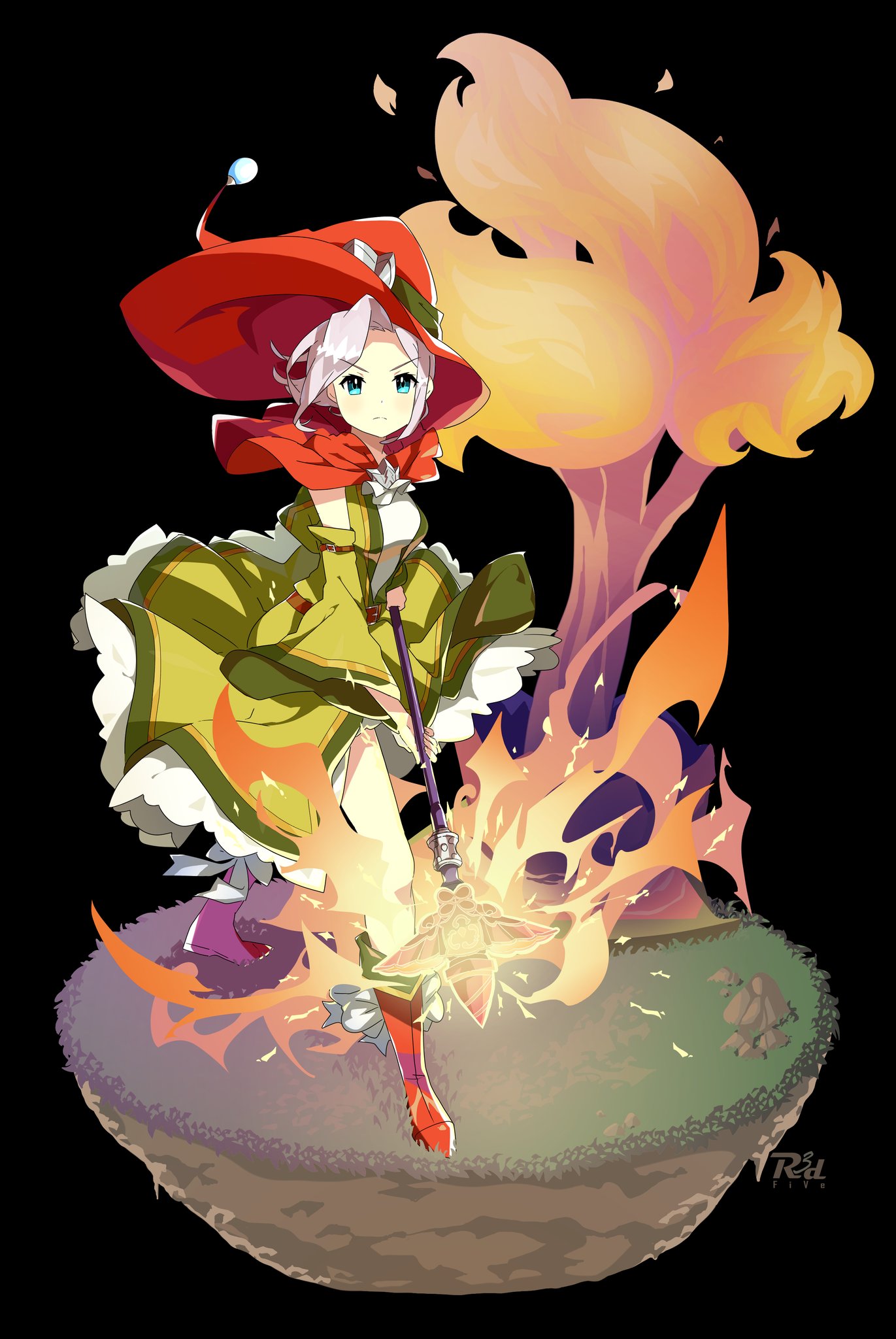 1girl artist_name bangs black_background blue_eyes detached_sleeves dragalia_lost dress fire full_body grey_hair hat highres holding holding_staff looking_at_viewer magic r3dfive red_headwear solo staff tree wide_sleeves witch_hat xania