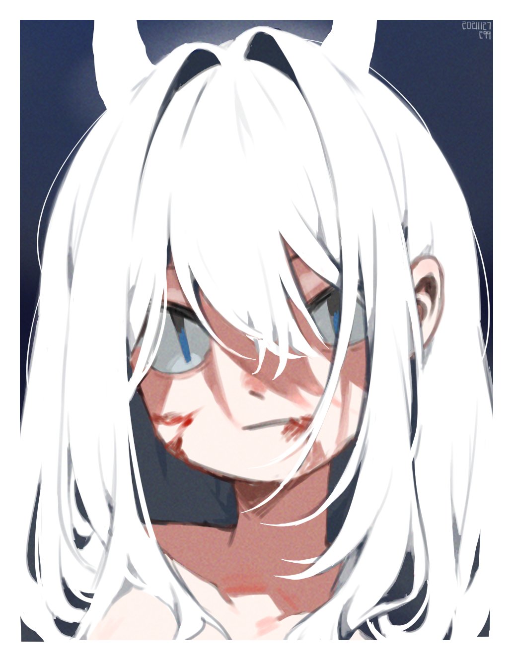 1girl blood blood_on_face blue_background blue_eyes closed_mouth dated english_commentary hair_between_eyes hair_intakes highres horns long_hair looking_at_viewer messy_hair original simple_background slit_pupils solo upper_body useq1067 white_hair white_horns