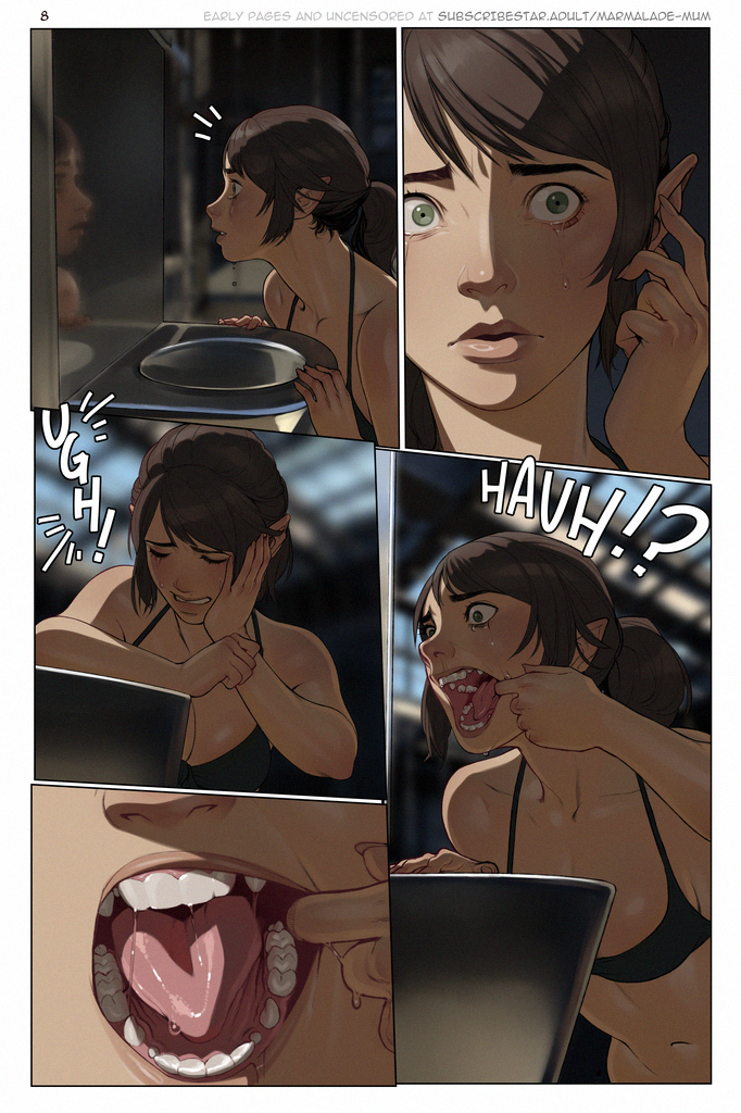 breasts clothed clothing comic female hair humanoid humanoid_pointy_ears konami looking_at_reflection marmalademum metal_gear mid_transformation multiple_scenes open_mouth quiet_(metal_gear) reflection solo teeth toilet tongue transformation video_games