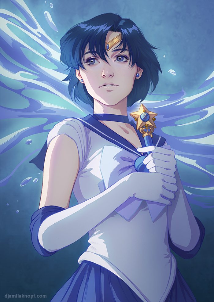 1girl bishoujo_senshi_sailor_moon blue_bow blue_choker blue_eyes blue_sailor_collar blue_skirt blue_theme bow choker crystal_change_rod earrings elbow_gloves gloves jewelry looking_afar looking_away magical_girl mercury_symbol mizuno_ami reengirl sailor_collar sailor_mercury sailor_senshi_uniform short_hair skirt solo star_(symbol) tiara water white_gloves