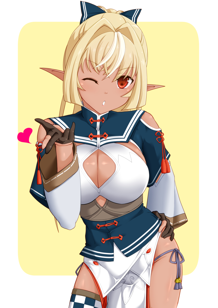 1girl bangs bare_shoulders black_gloves blonde_hair blowing_kiss blue_bow bow breasts cleavage cleavage_cutout clothing_cutout commentary_request corset cowboy_shot dark-skinned_female dark_skin elf gloves groin hair_bow hand_on_hip heart hololive large_breasts long_hair looking_at_viewer one_eye_closed panties parted_lips partially_fingerless_gloves pointy_ears ponytail red_eyes seushiki_(ponti-ron) shiranui_flare simple_background single_thighhigh solo standing string_panties thighhighs thighs underwear virtual_youtuber yellow_background