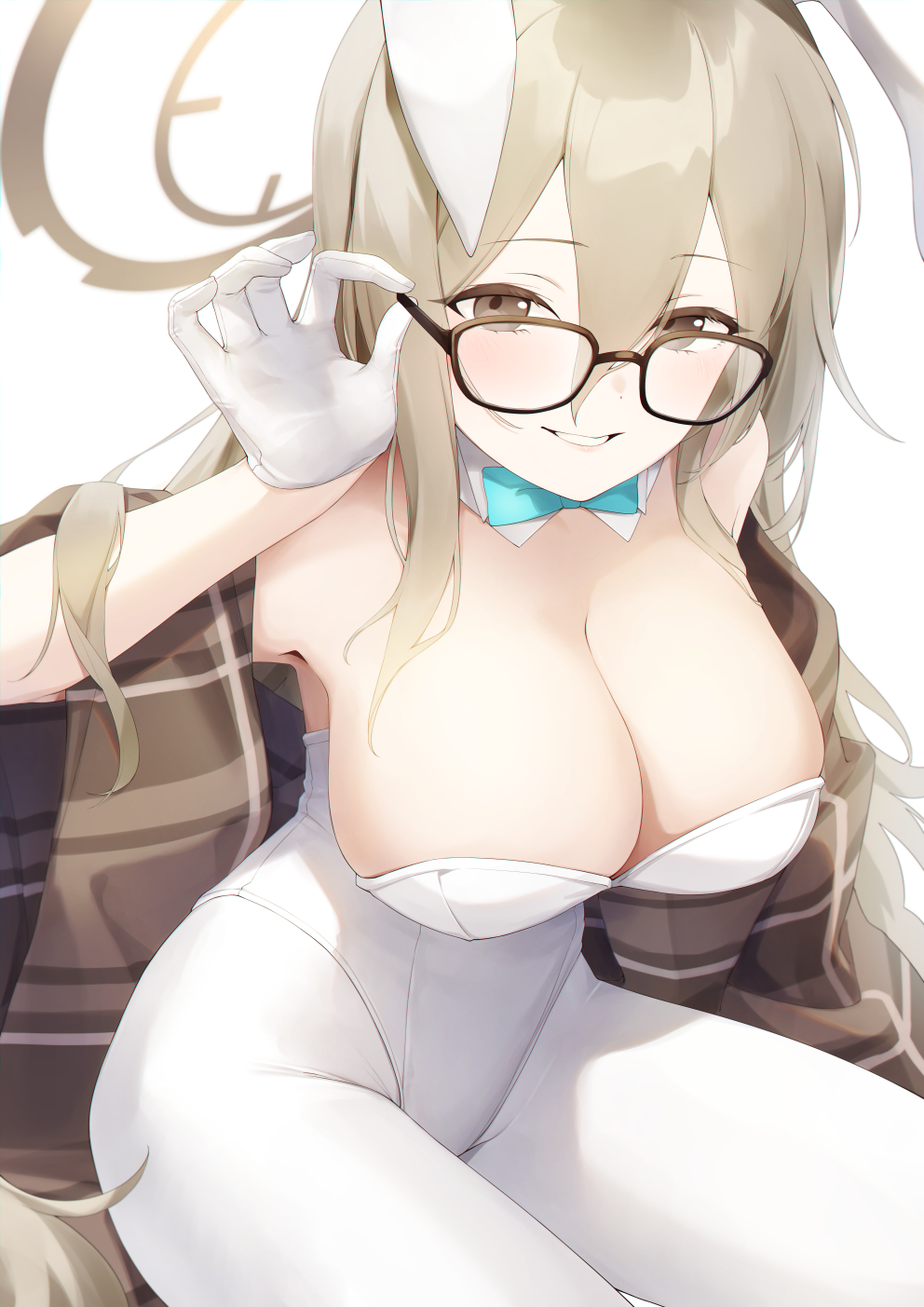 1girl akane_(blue_archive) akane_(bunny)_(blue_archive) animal_ears bangs blue_archive bow bowtie breasts brown_scarf cleavage dabuki detached_collar glasses gloves grin halo highres large_breasts leotard official_alternate_costume pantyhose playboy_bunny rabbit_ears scarf sitting smile solo thighs white_gloves white_leotard white_pantyhose