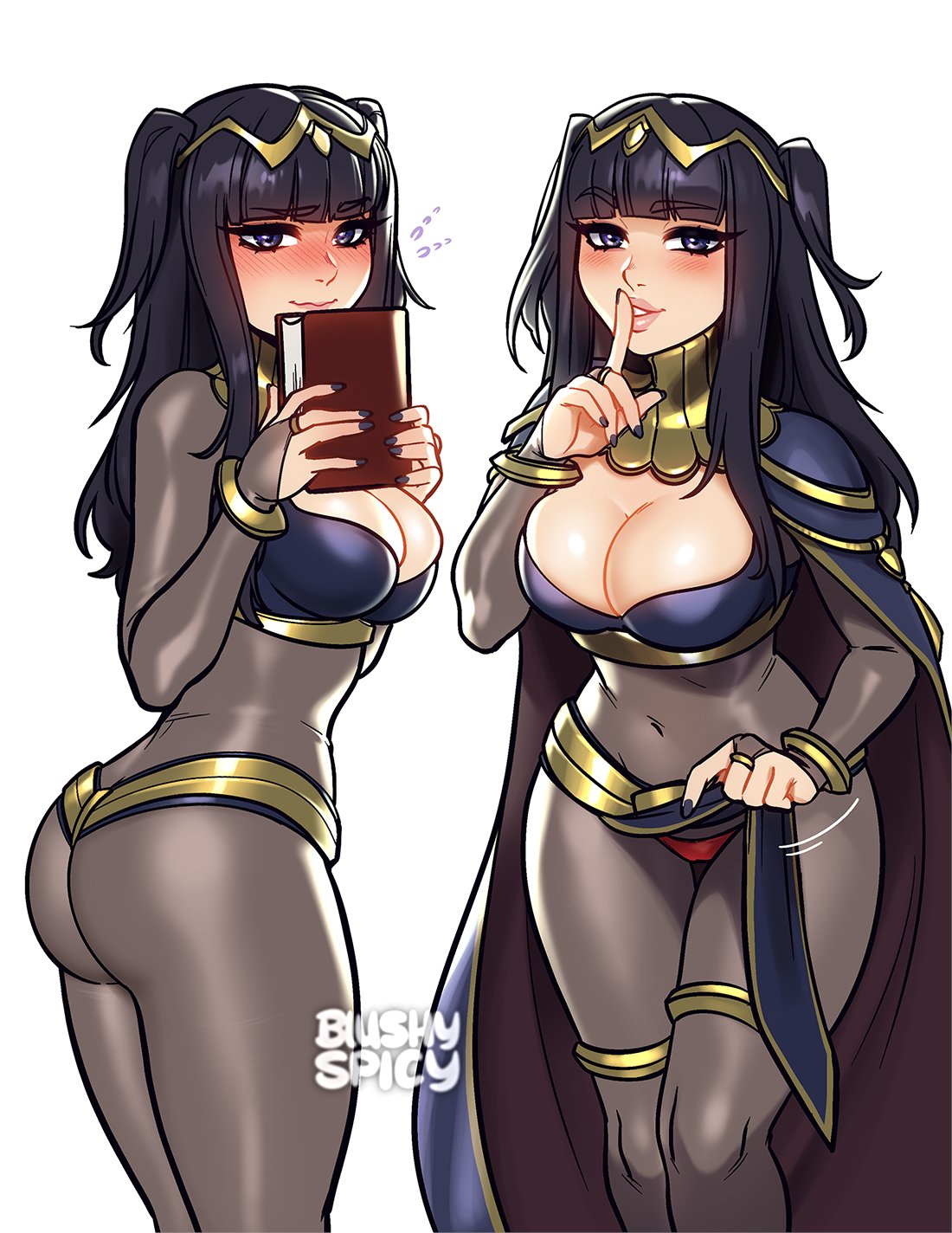 1girl artist_name ass bangs black_cape black_hair black_nails blunt_bangs blush blushyspicy book breasts bridal_gauntlets brown_bodysuit brown_cape cape cape_removed cleavage covered_navel finger_to_mouth fire_emblem from_side hair_ornament hand_up hands_up highres holding holding_book large_breasts long_hair multiple_views nail_polish panties red_panties shiny shiny_hair shoulder_pads shushing simple_background tharja_(fire_emblem) two-sided_cape two-sided_fabric two_side_up underwear