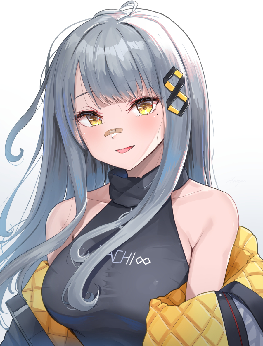 1girl :d bandaid bandaid_on_face bandaid_on_nose bangs bare_shoulders blunt_bangs breasts collarbone commentary constricted_pupils dot_nose grey_hair hachi_(live_union) hair_ornament large_breasts light_blush live_union long_bangs long_hair looking_at_viewer mole mole_under_eye off_shoulder open_mouth parted_bangs puffy_sleeves shadow shirt shougun_(chuckni1) simple_background smile taut_clothes taut_shirt upper_body virtual_youtuber white_background yellow_eyes