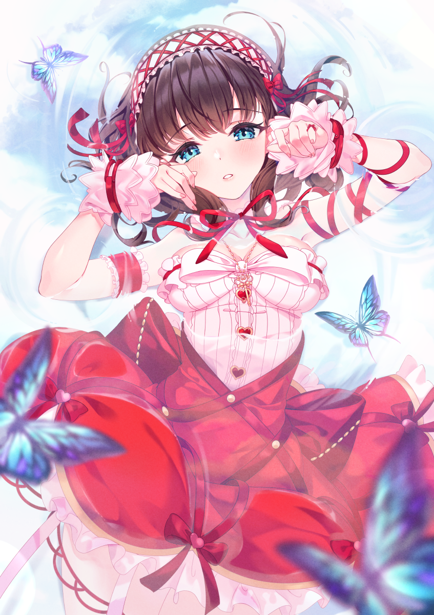 1girl :o arm_garter arm_ribbon blue_butterfly blurry blurry_foreground blush breasts brown_hair bug butterfly depth_of_field frilled_hairband frills hairband highres idolmaster idolmaster_cinderella_girls idolmaster_cinderella_girls_starlight_stage jewelry key_necklace looking_at_viewer lying_on_water medium_breasts neck_ribbon necklace red_ribbon ribbon sakuma_mayu solo sutoroa wrist_cuffs