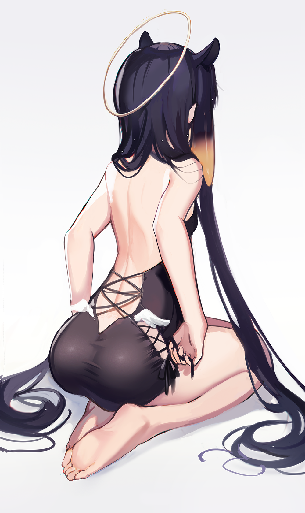 1girl ass back backless_dress backless_outfit bare_arms bare_shoulders barefoot black_dress black_hair dress feet from_behind full_body halo highres hololive hololive_english koahri long_hair ninomae_ina'nis pointy_ears simple_background sleeveless sleeveless_dress soles string toes virtual_youtuber white_background
