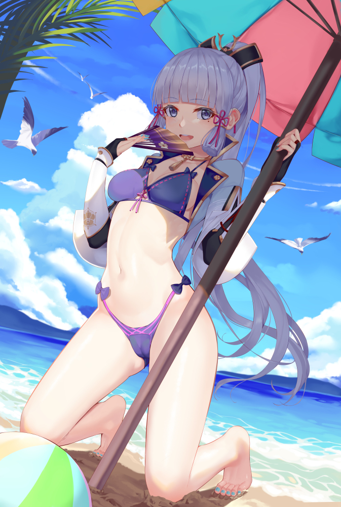 1girl :d aoi_(buzhuen444) ball bangs beach beach_umbrella beachball bikini bird blue_eyes blue_sky blunt_bangs blunt_tresses breasts bridal_gauntlets cameltoe cropped_jacket day dutch_angle feet floating_hair folding_fan genshin_impact hair_ornament hair_ribbon hand_fan holding holding_fan jacket kamisato_ayaka kneeling long_hair medium_breasts mole mole_under_eye nail_polish navel neck_tassel ocean open_clothes open_jacket open_mouth outdoors palm_tree ponytail purple_bikini ribbon sand sky smile solo stomach swimsuit tassel_choker thighs toenail_polish toenails toes tree tress_ribbon umbrella white_hair white_jacket