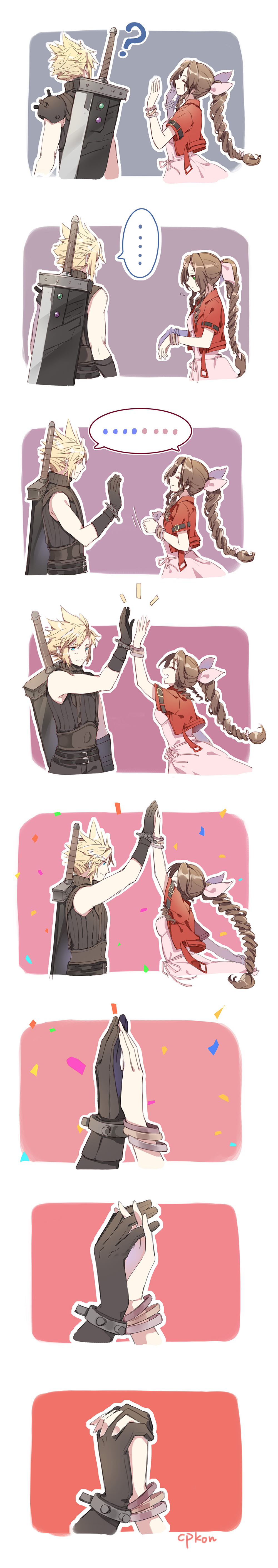 ... 1boy 1girl ? absurdres aerith_gainsborough armor artist_name bangle bangs belt black_gloves blonde_hair blue_eyes blush bracelet braid braided_ponytail breasts brown_hair buster_sword cat_princess closed_eyes cloud_strife confetti cropped_jacket dress final_fantasy final_fantasy_vii final_fantasy_vii_remake gloves gradient gradient_background green_eyes grey_background grey_shirt hair_ribbon hands_up high_five highres holding_hands jacket jewelry long_hair looking_at_another looking_back materia medium_breasts multiple_belts multiple_views open_mouth parted_bangs pink_background pink_dress pink_ribbon red_jacket ribbon shirt short_hair short_sleeves shoulder_armor sidelocks sleeveless sleeveless_turtleneck smile speech_bubble spiked_hair tall_image turtleneck upper_body weapon weapon_on_back