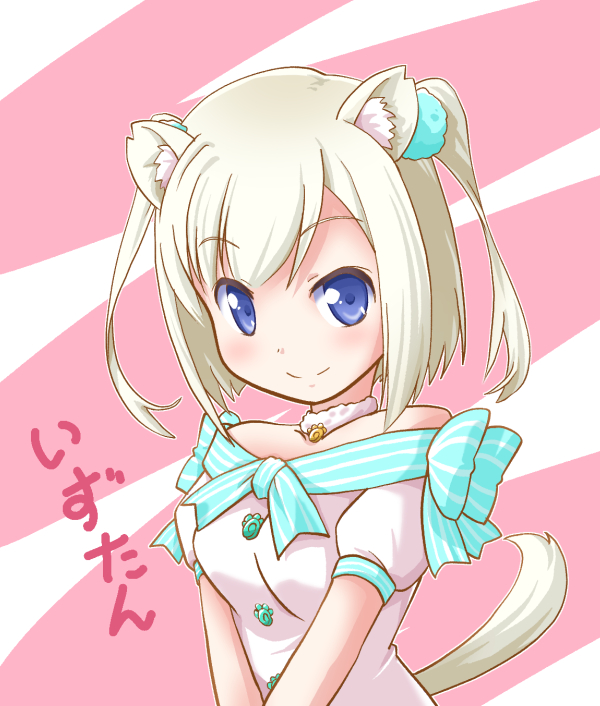 1girl animal_ears blue_eyes dress etotama ferret ferret_ears ferret_girl ferret_tail izu-tan puffy_sleeves ribbon solo sumeragi_kou virtual_youtuber white_dress white_hair