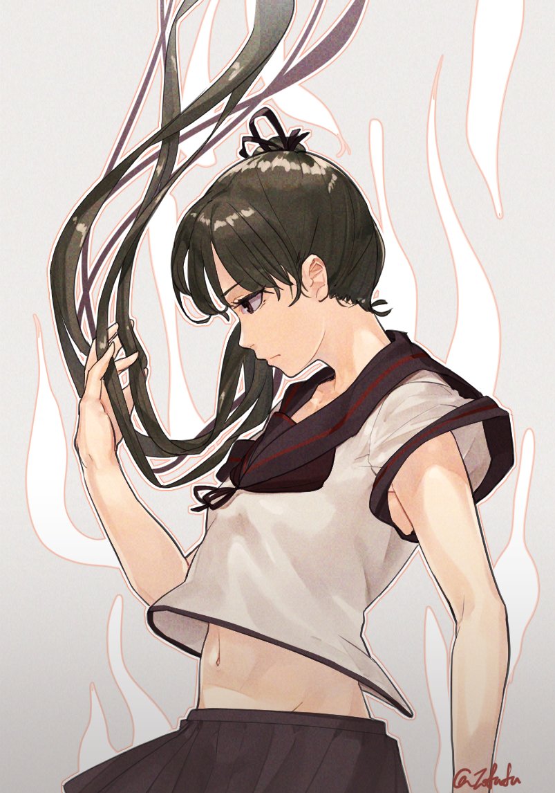 1girl ayanami_(kancolle) ayanami_kai_ni_(kancolle) black_hair black_neckerchief black_ribbon black_sailor_collar black_skirt brown_eyes closed_mouth floating_hair from_side fuwafuwatoufu gon-san hair_ribbon hand_in_own_hair hunter_x_hunter kantai_collection long_hair navel neckerchief one-hour_drawing_challenge ponytail profile ribbon sailor_collar school_uniform serafuku short_sleeves side_ponytail simple_background skirt solo twitter_username very_long_hair