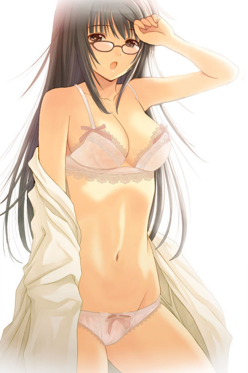 black_hair bra character_request copyright_request glasses hijiri_ruka lingerie long_hair open_mouth panties shirt solo underwear underwear_only
