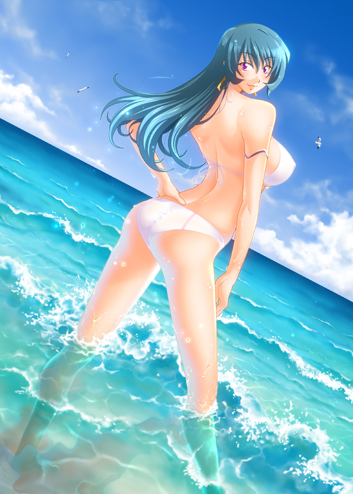 aqua_hair ass back bangs bikini bird breasts caustics closed_mouth cloud contrapposto covered_nipples day dutch_angle earrings from_side full_body hair_between_eyes hand_on_hip hand_on_own_thigh jewelry kotona_elegance large_breasts legs legs_apart light_smile long_hair looking_at_viewer looking_back nebachuu ocean outdoors purple_eyes seagull shiny shiny_hair sideboob sky smile solo standing swimsuit taut_clothes underboob wading water water_drop waves wet white_bikini zoids zoids_genesis