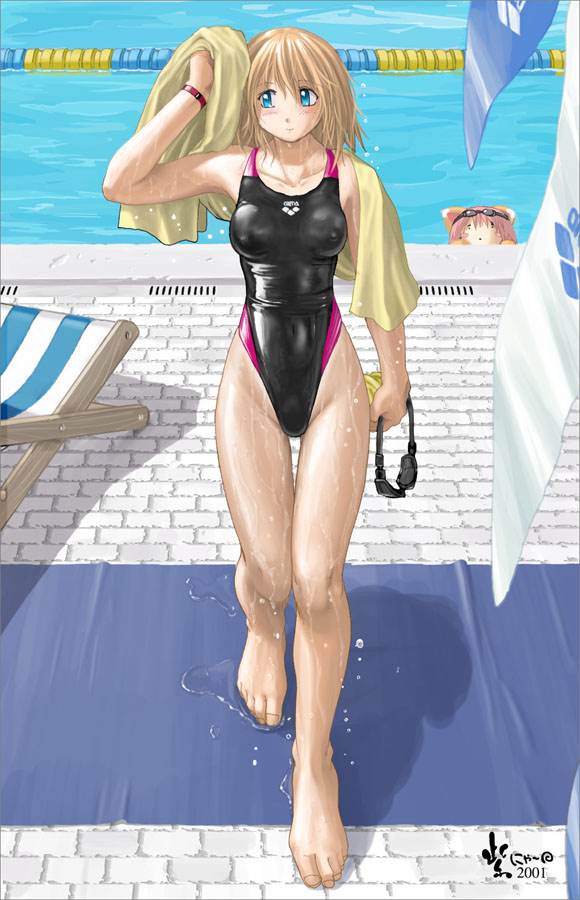 aqua_eyes bad_perspective barefoot blonde_hair blush breasts chair competition_swimsuit covered_nipples drain_(object) feet goggles goggles_on_head goggles_removed highleg highleg_swimsuit lane_line large_breasts legs multiple_girls murasaki_nyaa one-piece_swimsuit original pool poolside skin_tight solo_focus swimsuit thigh_gap towel towel_around_neck water wet
