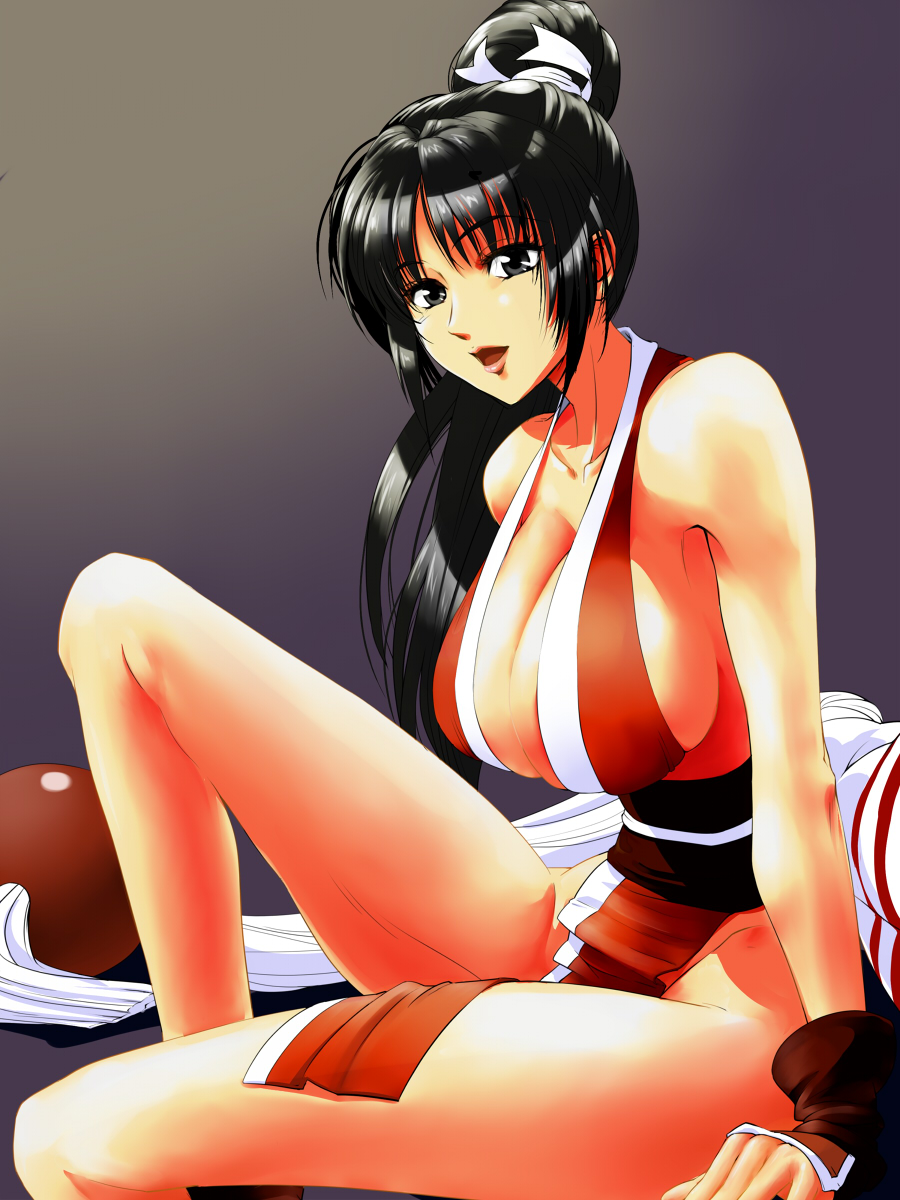 bad_id bad_pixiv_id bare_shoulders black_eyes black_hair breasts cleavage fatal_fury fingerless_gloves fujimaruu gloves highres japanese_clothes large_breasts legs lips long_hair no_bra no_panties open_mouth pelvic_curtain ponytail shiranui_mai side_slit sitting solo the_king_of_fighters