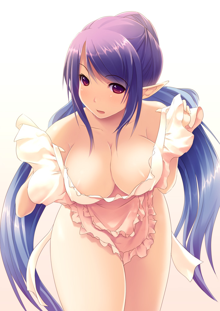 apron breasts cleavage curvy downblouse elf judith large_breasts leaning_forward long_hair multicolored_hair naked_apron nipple_slip nipples pointy_ears purple_hair solo syacyo tales_of_(series) tales_of_vesperia very_long_hair white_background