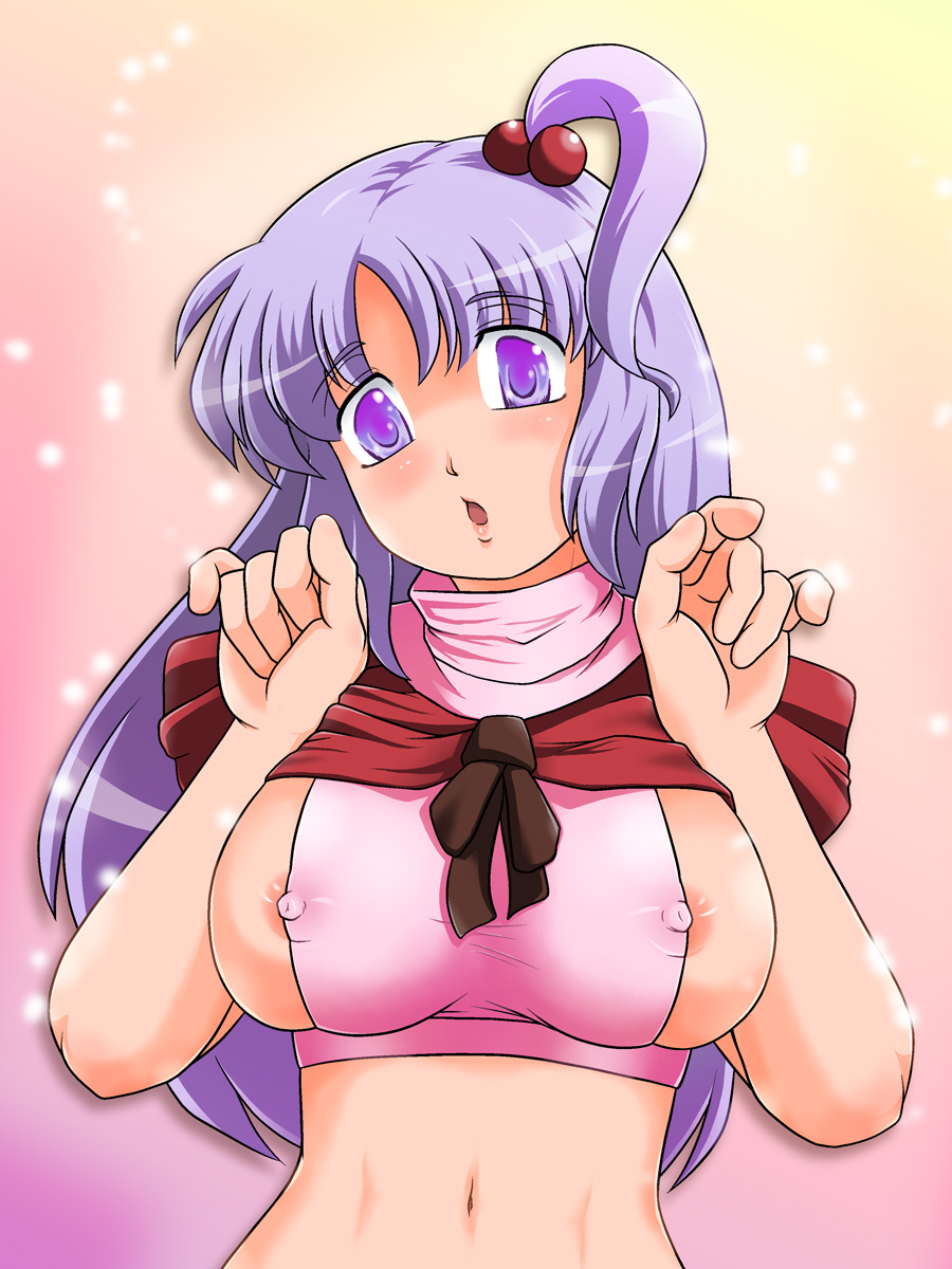 areolae breasts hair_bobbles hair_ornament highres large_breasts lavender_eyes long_hair midriff navel nipples purple_hair shinki shirt side_ponytail solo taut_clothes taut_shirt touhou usagi_niku