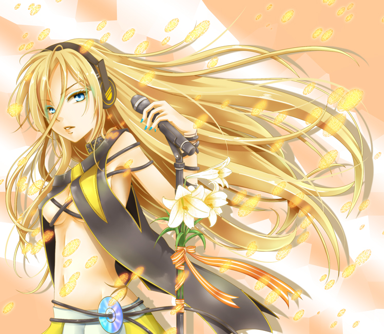 ag1eam blonde_hair blue_eyes breasts cleavage flower headphones large_breasts lily_(vocaloid) long_hair microphone microphone_stand midriff solo underboob vocaloid