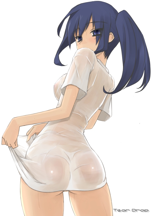 ass bottomless copyright_request from_behind looking_back ponytail see-through shirt solo tsuina wet wet_clothes wet_shirt