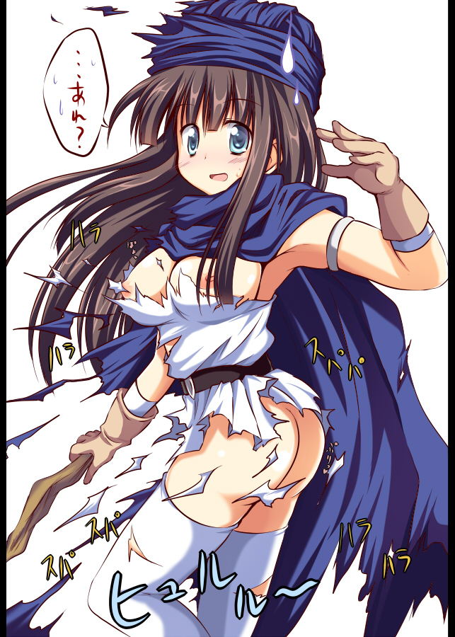 akane_souichi ass bad_id bad_pixiv_id blue_eyes blush breasts brown_hair cape dragon_quest dragon_quest_v genderswap genderswap_(mtf) gloves hero_(dq5) long_hair medium_breasts nipples no_panties open_mouth pillarboxed skirt solo staff sweatdrop thighhighs torn_clothes turban