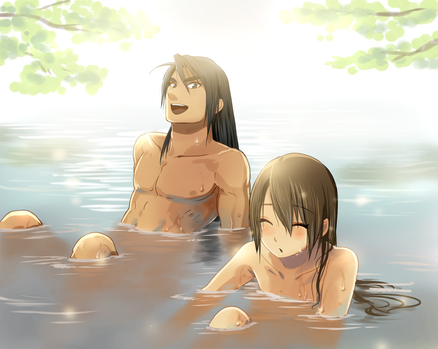 1girl :d androgynous bad_id bad_pixiv_id bath bathing black_hair blush brown_hair closed_eyes copyright_request lake long_hair mixed_bathing mizuhara_aki nature nude open_mouth partially_submerged smile water wet wet_hair