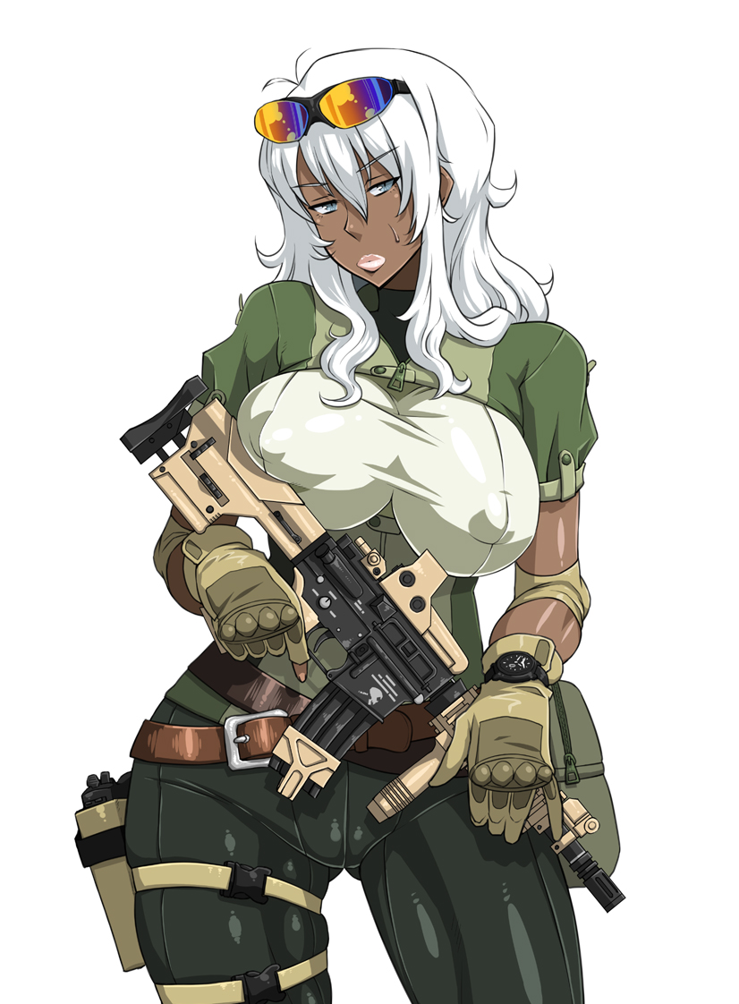 breasts cameltoe covered_nipples dark_skin enoshima_iki glasses gloves gun impossible_clothes impossible_shirt large_breasts military_operator original shirt solo taut_clothes taut_shirt weapon white_hair