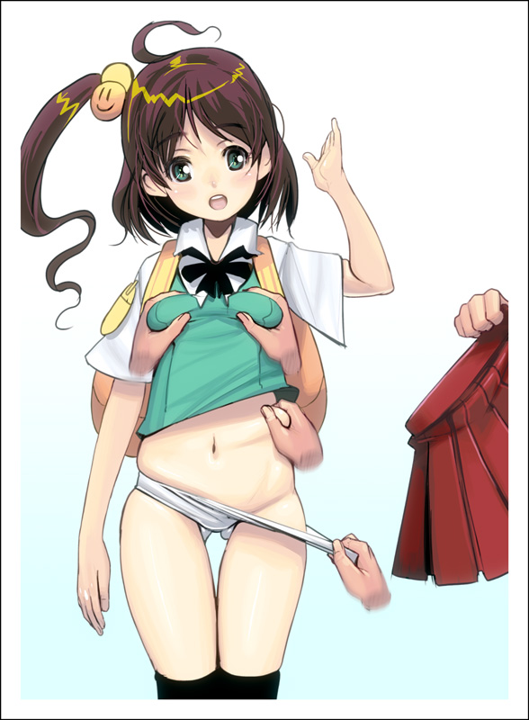 ahoge arm_up backpack bad_id bad_pixiv_id bag blush bow breast_grab breasts brown_hair copyright_request disembodied_limb grabbing green_eyes hair_bobbles hair_ornament hands masao navel open_mouth panties panty_pull school_uniform side_ponytail simple_background skirt small_breasts solo_focus thighhighs underwear white_panties