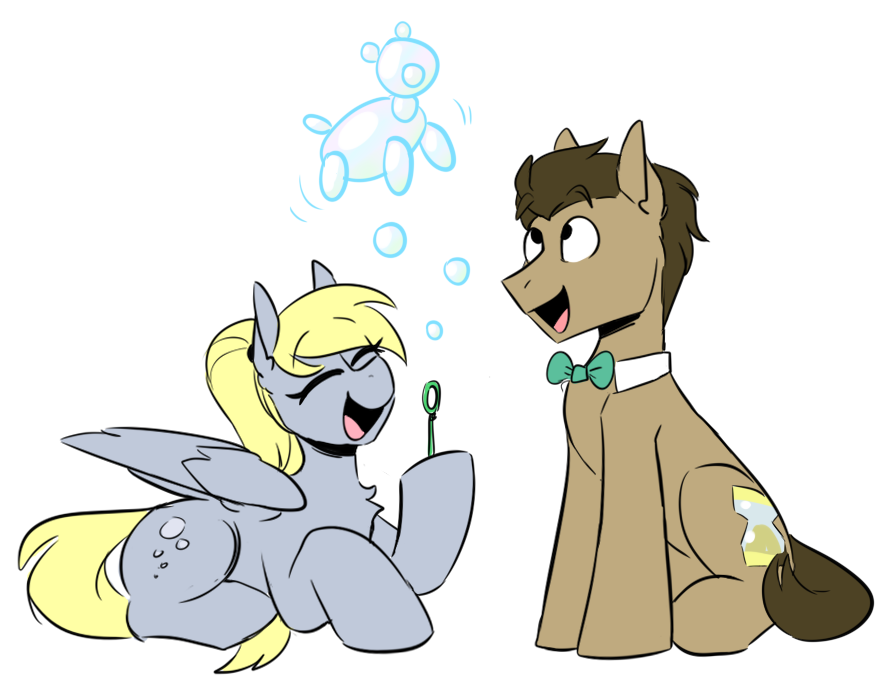 bow_tie bubble cutie_mark derpy_hooves_(mlp) doctor_whooves_(mlp) earth_pony equid equine friendship_is_magic hair hasbro horse mammal my_little_pony pegasus pony ponytail redxbacon simple_background sitting white_background wings