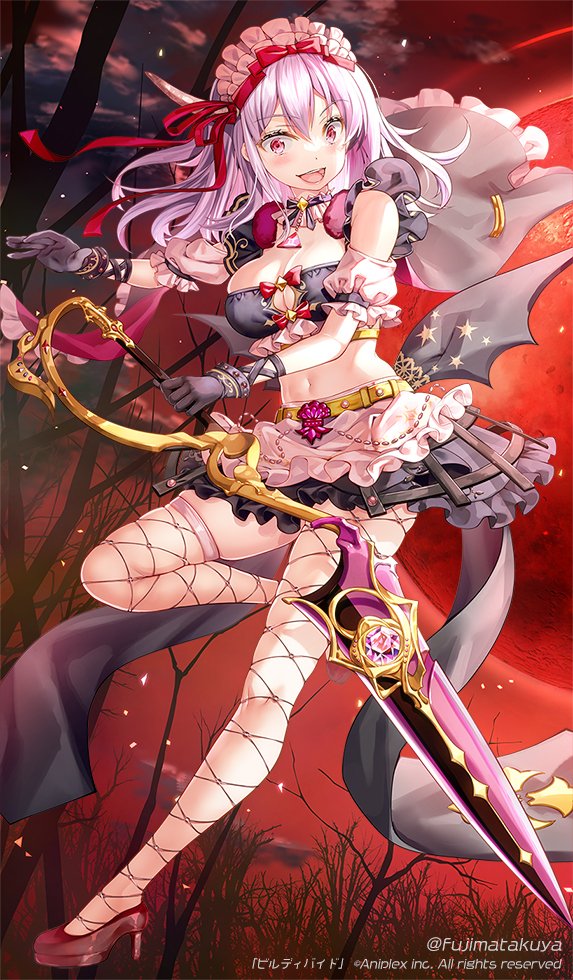 1girl :d black_gloves breasts build_divide character_request cleavage fujima_takuya full_body gloves hairband high_heels holding holding_sword holding_weapon large_breasts long_hair looking_at_viewer midriff miniskirt navel official_art pink_footwear pink_skirt purple_hair red_hairband sheath sheathed skirt smile solo sword weapon