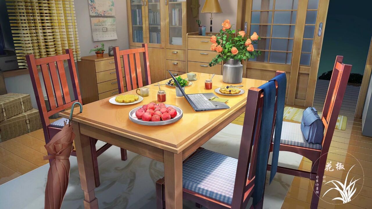 blue_pants calendar_(object) chair computer cupboard curtains door drawer food laptop night no_humans original pants plant potted_plant rug scenery still_life table umbrella vase wooden_chair xingzhi_lv