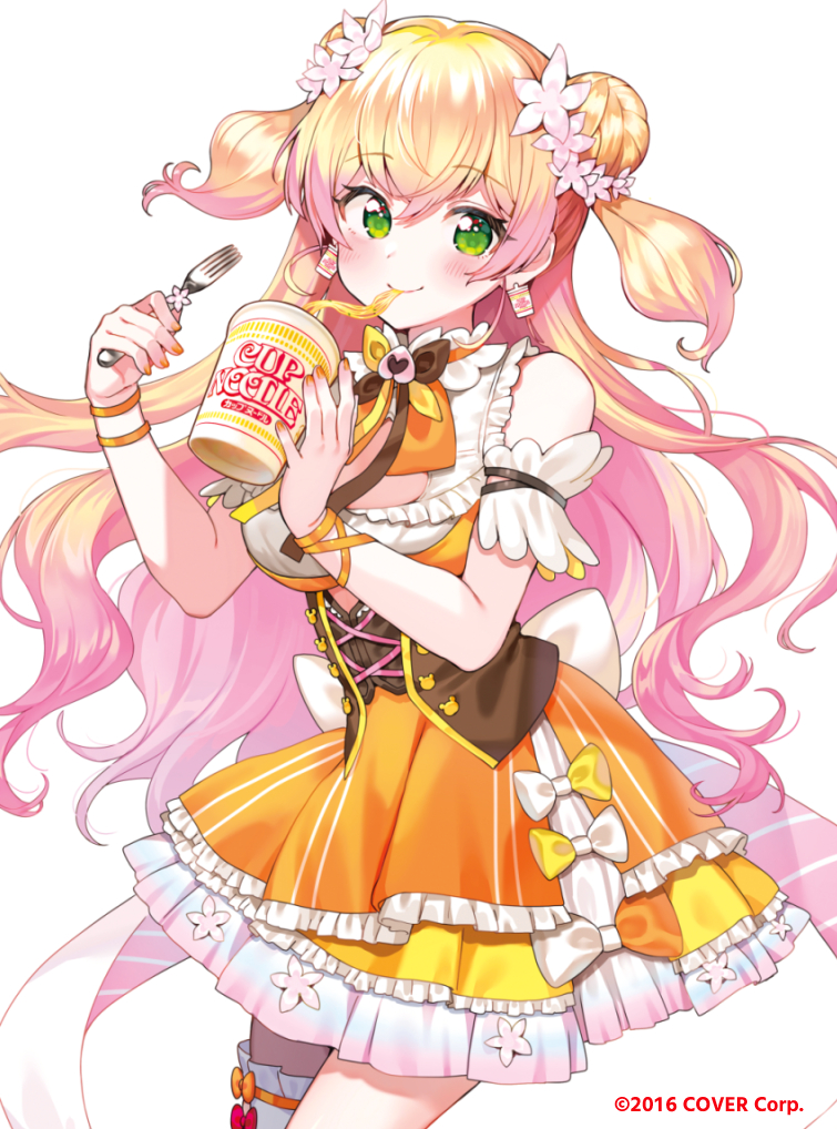 blonde_hair bow bowtie closed_mouth cup_noodle cup_ramen double_bun dress eating flower food food_focus food_in_mouth fork frilled_dress frills green_eyes hair_between_eyes hair_bun hair_flower hair_ornament holding holding_fork hololive long_hair looking_at_viewer momosuzu_nene nishizawa noodles official_alternate_costume official_art single_thighhigh smile standing thighhighs two_side_up virtual_youtuber white_background white_thighhighs