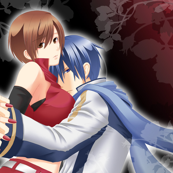 1boy 1girl bangs blue_coat blue_eyes blue_hair blue_scarf breast_pillow breasts brown_eyes brown_hair closed_mouth coat commentary_request crop_top hair_between_eyes hetero holding_hands kaito_(vocaloid) large_breasts looking_at_viewer looking_to_the_side meiko red_shirt scarf shirt short_hair sleeveless sleeveless_shirt tomo-graphy two-tone_coat upper_body vocaloid white_coat