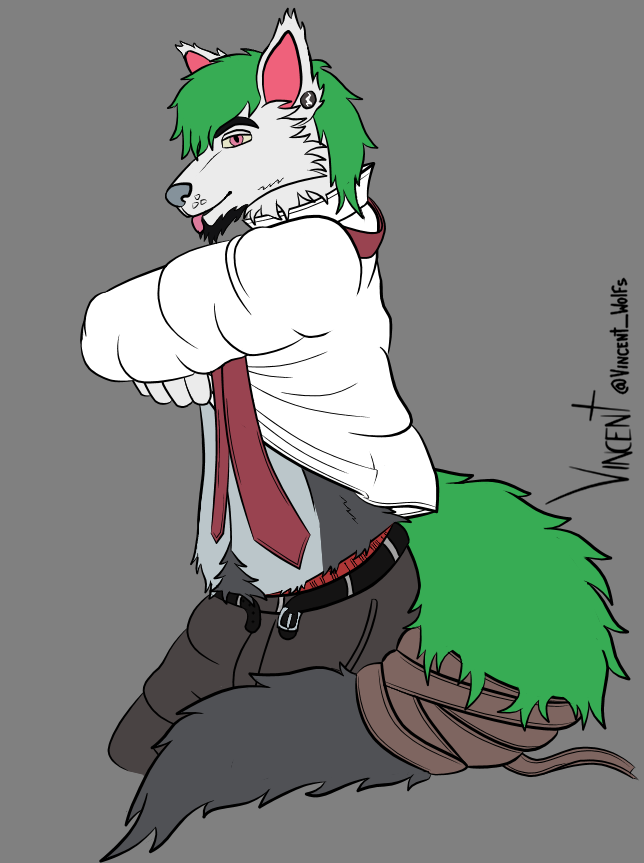 anthro beard bottomwear canid canine canis clothing facial_hair green male mammal necktie pants piercing solo suit vincent_wolfs wolf