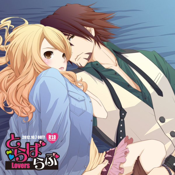 1boy 1girl bangs black_necktie blonde_hair blue_jacket brown_eyes brown_hair closed_mouth collared_shirt commentary_request cover cover_page doujin_cover dress facial_hair feet_out_of_frame green_shirt hair_between_eyes jacket kaburagi_t._kotetsu karina_lyle long_hair looking_at_viewer necktie pink_skirt shirt short_hair skirt tiger_&amp;_bunny tomo-graphy undone_necktie vest white_vest yellow_dress