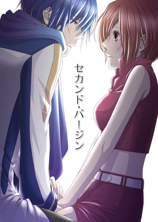 1boy 1girl bangs belt blue_coat blue_eyes blue_hair blue_scarf blush breasts brown_eyes brown_hair closed_mouth coat commentary_request cowboy_shot crop_top hair_between_eyes holding_hands kaito_(vocaloid) looking_at_another medium_breasts meiko midriff pants red_shirt red_skirt scarf shirt short_hair simple_background skirt sleeveless sleeveless_shirt tomo-graphy translation_request two-tone_coat vocaloid white_background white_belt white_coat