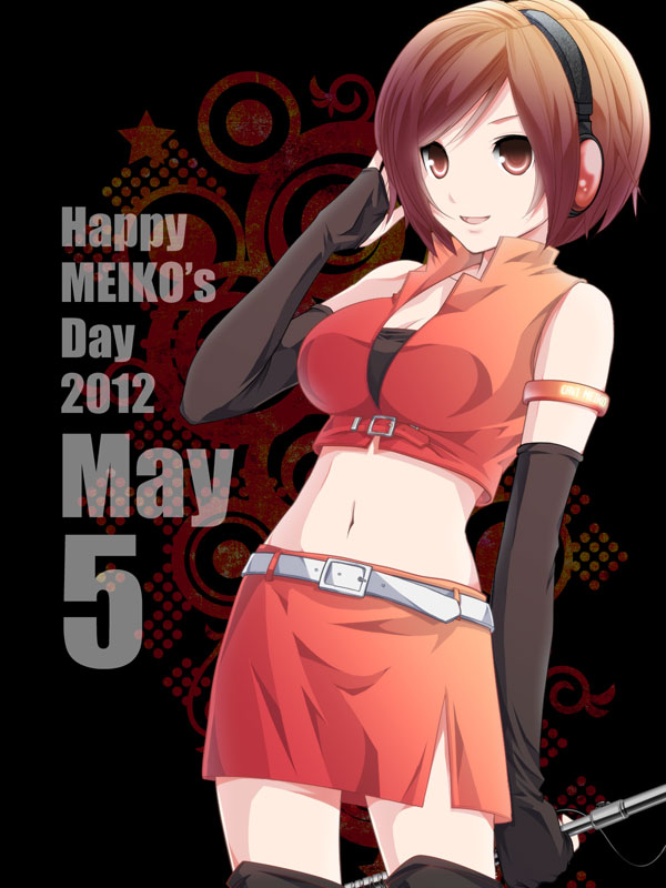 1girl bangs black_bandeau black_gloves breasts brown_eyes brown_hair cleavage commentary_request cowboy_shot crop_top dated elbow_gloves fingerless_gloves gloves happy_birthday holding holding_microphone_stand looking_at_viewer medium_breasts meiko microphone_stand midriff navel open_mouth red_shirt shirt sleeveless sleeveless_shirt smile solo tomo-graphy vocaloid